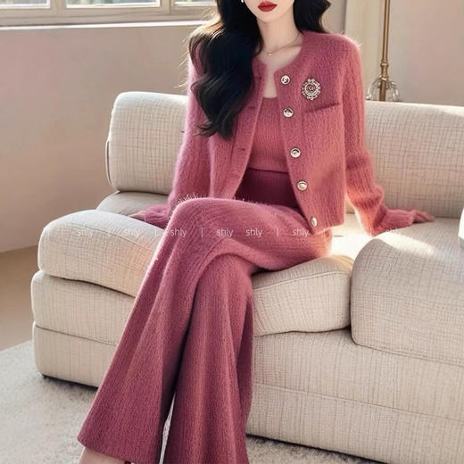 名媛风玫红色针织阔腿裤子套装2025新款装春季穿搭一整套高级感套装 商品图3