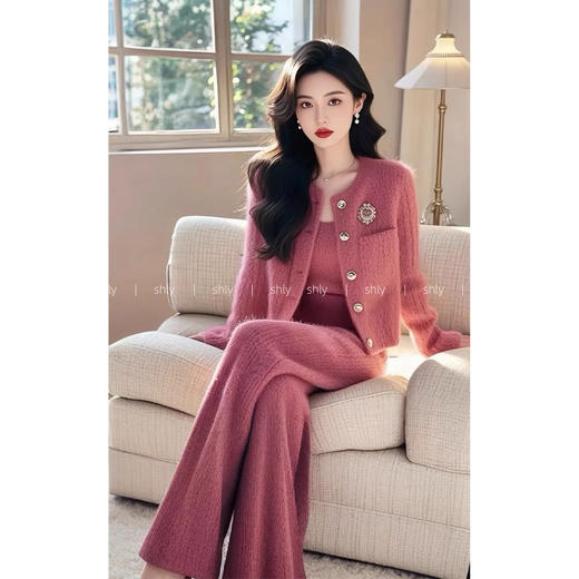 名媛风玫红色针织阔腿裤子套装2025新款装春季穿搭一整套高级感套装 商品图2