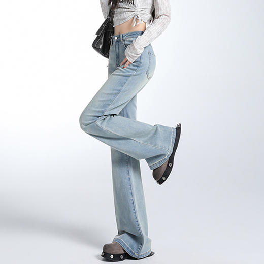 罗蒙女士四季款高腰牛仔裤遮肉显瘦微喇裤腿百搭舒适女休闲拖地牛仔长裤 商品图1