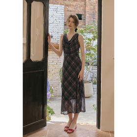 SimpleRetro格韵轻舞 设计感荡领网纱格子连衣裙复古无袖a字长裙