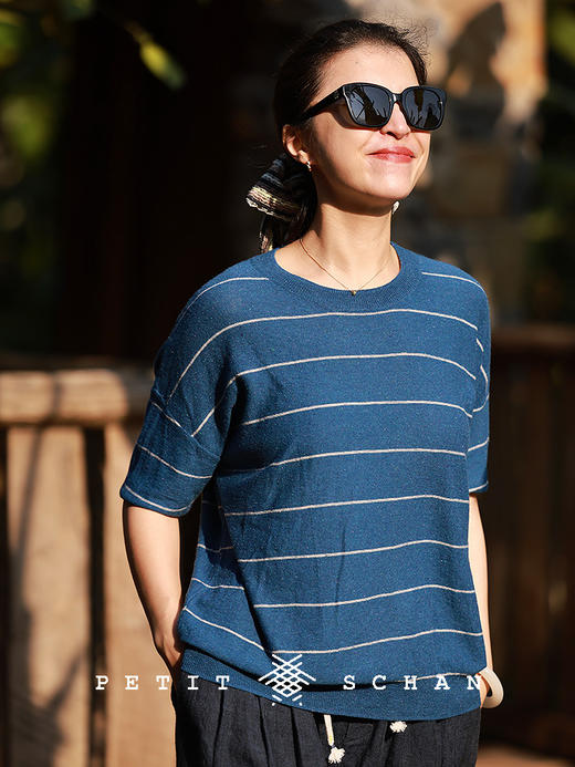 PETIT SCHAN小闪 CLO#757 trio 三重奏 桑蚕丝棉麻条纹针织短袖春夏基础百搭松弛感t恤 商品图3