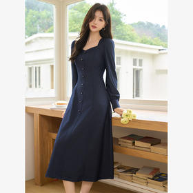 法式气质复古设计感方领仿牛仔裙女通勤收腰连衣裙V0250140