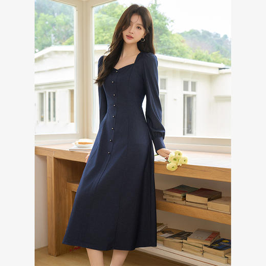 法式气质复古设计感方领仿牛仔裙女通勤收腰连衣裙V0250140 商品图0