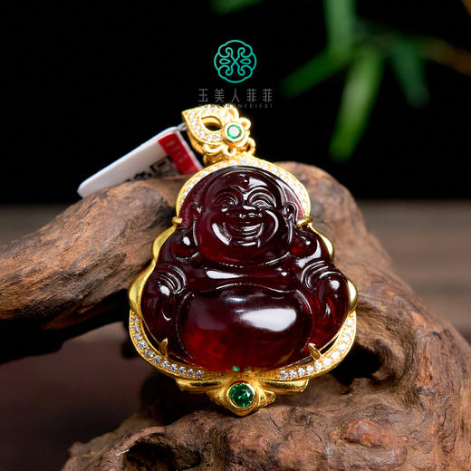DS925琥珀吊坠-花扣血珀佛公笑佛43*28#6A04 商品图0