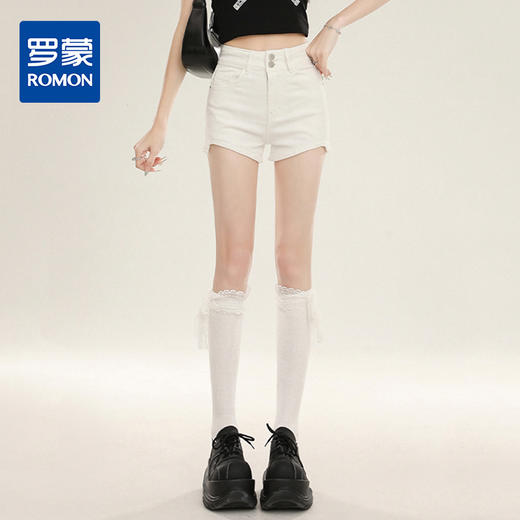 罗蒙女士夏季牛仔短裤高腰双扣遮肉显瘦短裤简约百搭休闲舒适牛仔裤子 商品图0