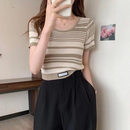 【条纹U领短款针织衫】夏季薄款 百搭修身显瘦短袖套头上衣女小衫潮  商品图10