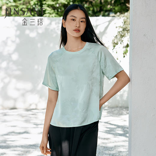 真丝小衫女100%桑蚕丝提花圆领宽松透气短袖T恤春夏新品金三塔  YSFFB702/YSFFB901 商品图0