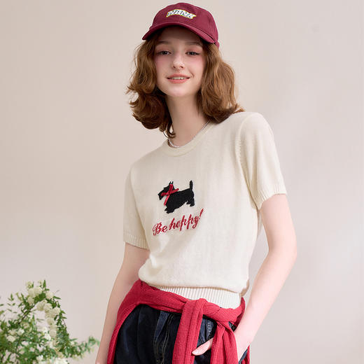 【限时秒杀】西遇短袖针织衫女新款小狗图案软糯套头圆领短款上衣D0050401 商品图4