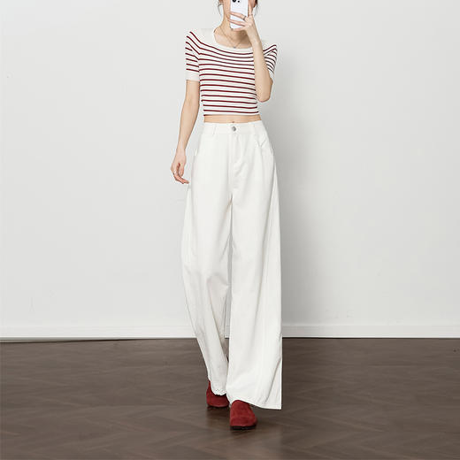 西遇慵懒风阔腿裤女新款通勤小个子高腰白色宽松牛仔裤V0050679 商品图1