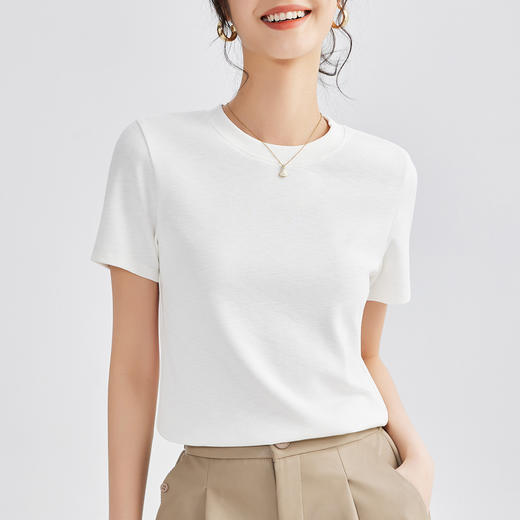 丁摩 圆领纯色百搭重磅竹节雪花棉t恤女新款基础款正肩弹力上衣女5ZF-M677 商品图6