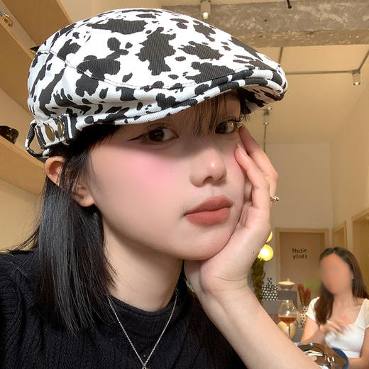 雀说 日系复古牛奶纹前进帽女大头围反戴贝雷帽显脸小百搭画家报童帽子5ZF-8819 商品图0