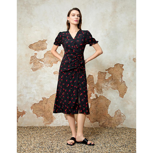 EITIE爱特爱夏季新款提褶V领开叉收腰显瘦泡泡袖印花连衣裙8207921 商品图1