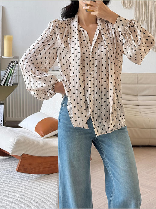 法式轻奢 香槟色 波点系带衬衫 商品图3