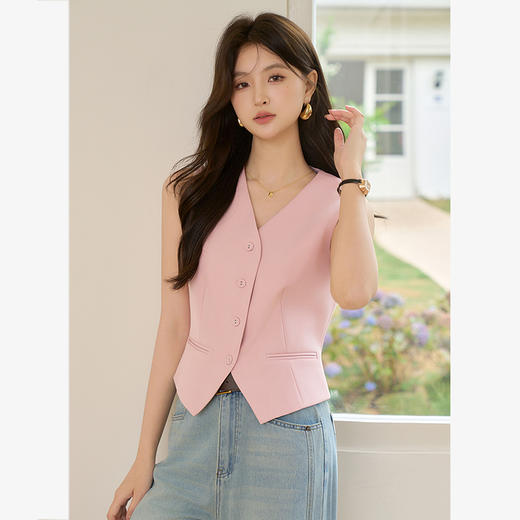 优雅高级感通勤叠穿短款马甲背心女2025V领收腰上衣V0250021 商品图3