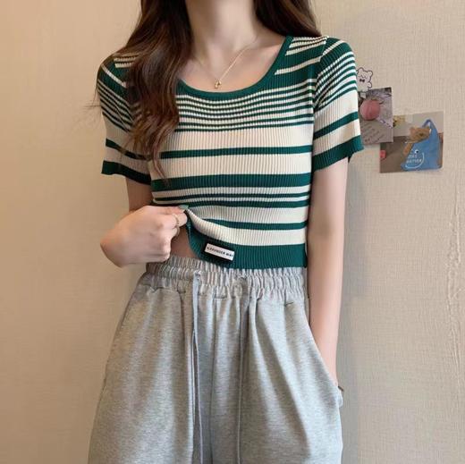 【条纹U领短款针织衫】夏季薄款 百搭修身显瘦短袖套头上衣女小衫潮  商品图3