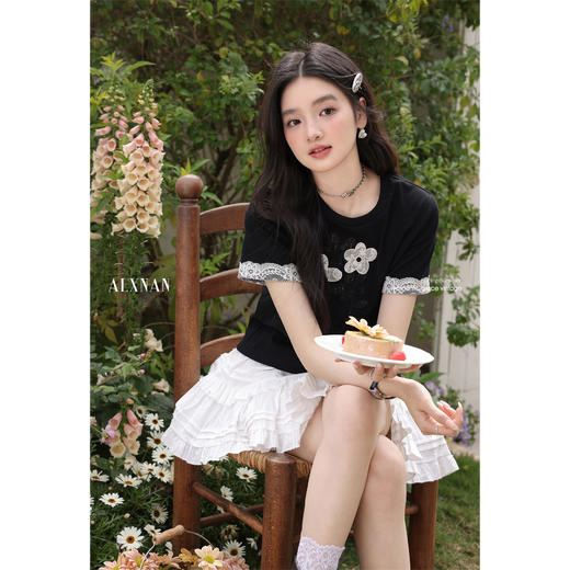 鹿向南 「蕾丝花语」25年设计蕾丝花边T恤L53628 商品图2