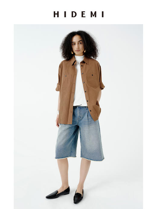 HIDEMI 极简廓形设计感水洗做旧胶片棕口袋知识分子微皱感衬衫 商品图0