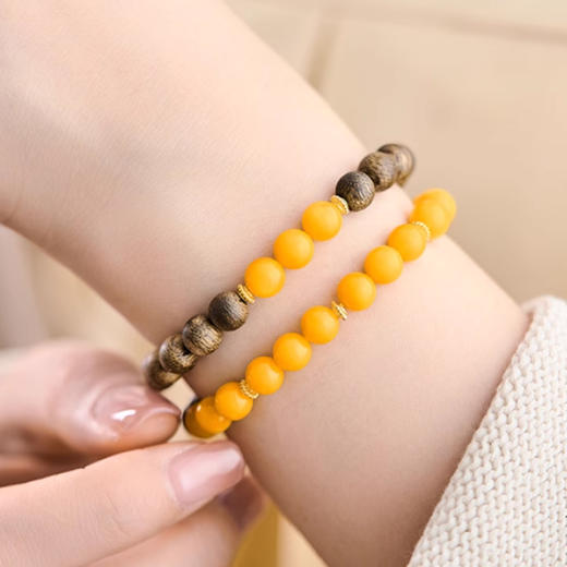 半山半水沉香木鸡油黄蜜蜡双圈手串6mm  叠戴珠串手链自然雅致一物一证 商品图2