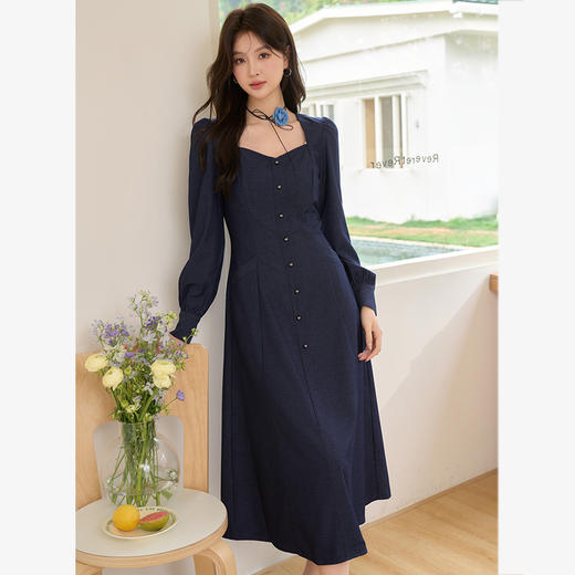法式气质复古设计感方领仿牛仔裙女通勤收腰连衣裙V0250140 商品图1