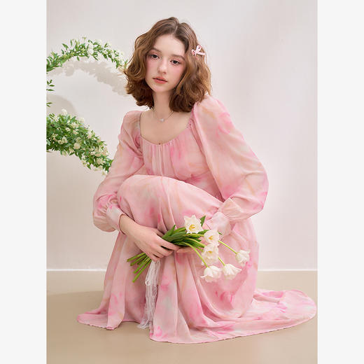 【雪纺印花】法式浪漫方领晕染长袖连衣裙女收腰长裙V0650253 商品图0