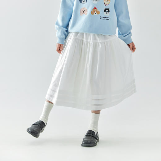 【代发】女款半身裙 棵初童装全棉压褶白色半裙女童春夏干净清新中长裙 商品图2