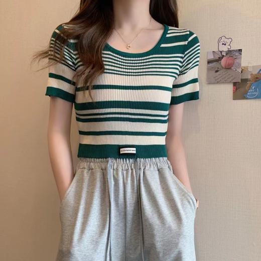【条纹U领短款针织衫】夏季薄款 百搭修身显瘦短袖套头上衣女小衫潮  商品图9