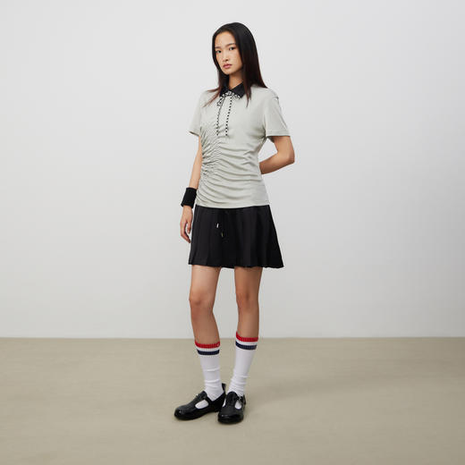 lost in echo2025春夏新款修身独特抽褶圆领高级醋酸短袖T恤上衣 商品图2