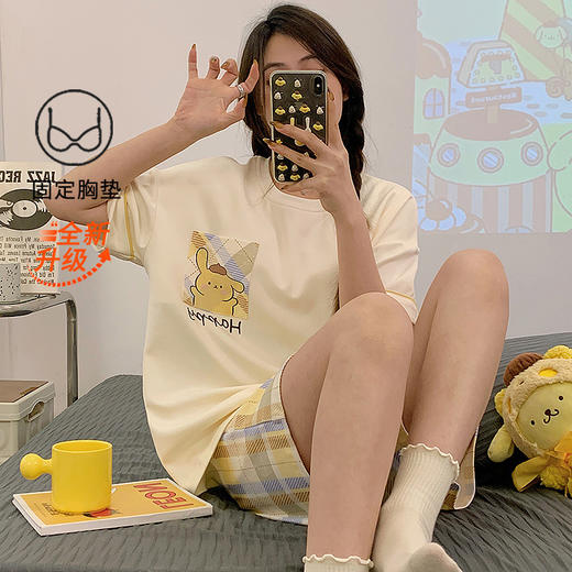 【免穿bra！居家&待客都方便】睡衣女夏季带胸垫一体式可爱两件套装休闲卡通简约家居服短袖短裤。ry 商品图2