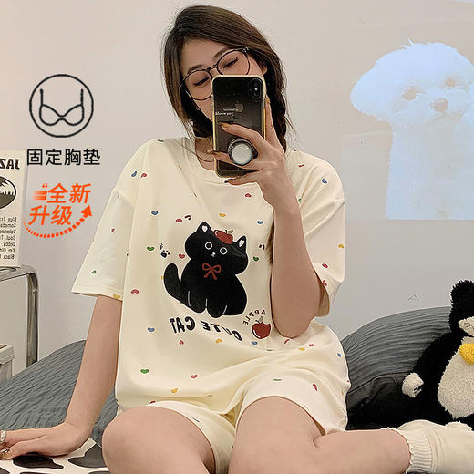 【免穿bra！居家&待客都方便】睡衣女夏季带胸垫一体式可爱两件套装休闲卡通简约家居服短袖短裤。ry 商品图9