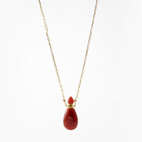 MELI&MOLI【火】红玛瑙中号水滴吊坠 半边短珍珠串环扣项链【D类】