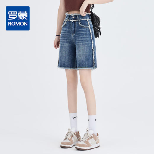 罗蒙女士夏季时尚毛边百搭牛仔五分裤高腰遮肉舒适休闲通勤短裤 商品图0