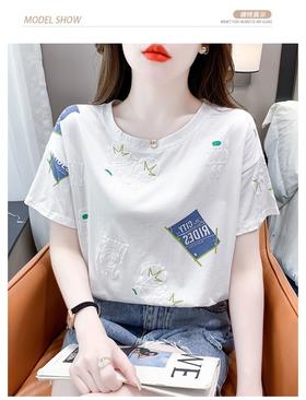 【大码女装印花女士T恤】短袖韩版2025夏季新款 发泡碎花宽松百搭上衣 