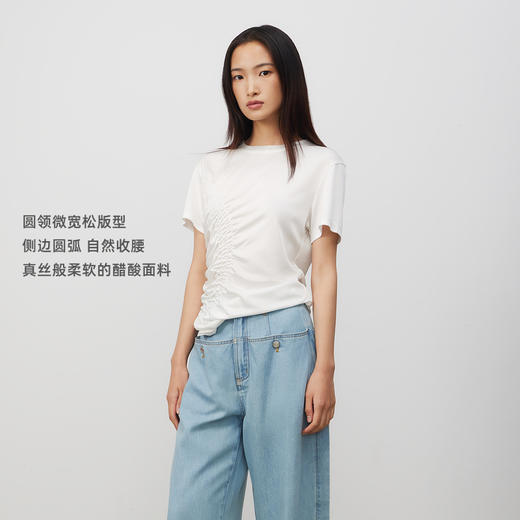 lost in echo2025春夏新款修身独特抽褶圆领高级醋酸短袖T恤上衣 商品图1
