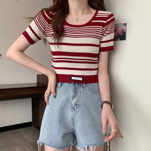 【条纹U领短款针织衫】夏季薄款 百搭修身显瘦短袖套头上衣女小衫潮  商品图8