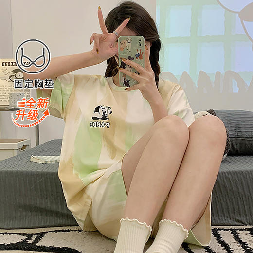 【免穿bra！居家&待客都方便】睡衣女夏季带胸垫一体式可爱两件套装休闲卡通简约家居服短袖短裤。ry 商品图3