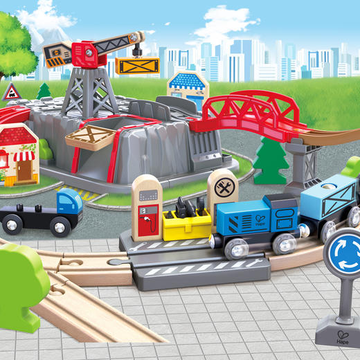 Hape轨道车玩具 儿童火车拼装积木亲子互动3-6岁男孩女孩儿童节礼物 E3764火车轨道小镇运输收纳套 商品图1