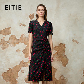 EITIE爱特爱夏季新款提褶V领开叉收腰显瘦泡泡袖印花连衣裙8207921