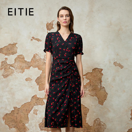 EITIE爱特爱夏季新款提褶V领开叉收腰显瘦泡泡袖印花连衣裙8207921 商品图0