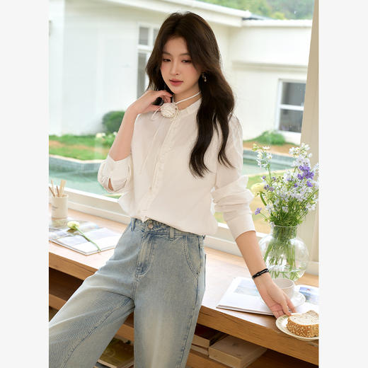 纯棉简约设计感文艺风拼接花边圆领衬衫女设计感衬衣V0450099 商品图0