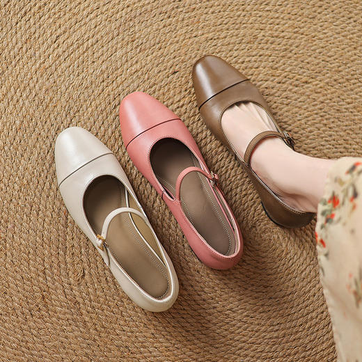 【预售5天】3.5cm水洗牛皮~新款真皮单鞋，中跟小皮鞋粉色法式复古玛丽珍鞋子ASZ-5-576 商品图1