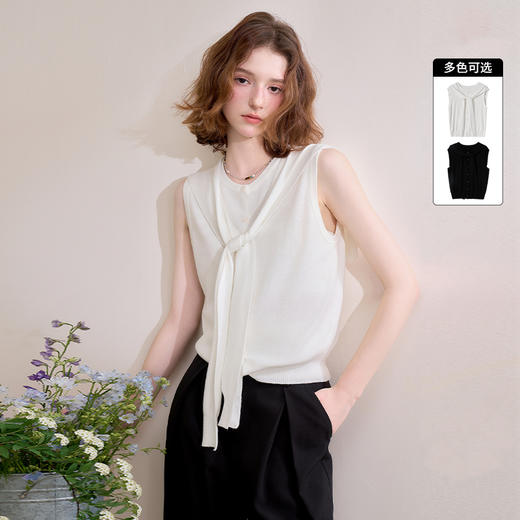 西遇黑色无袖针织衫女春季新款绑带高知穿搭圆领长袖上衣D0050386 商品图0