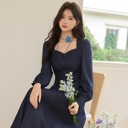 法式气质复古设计感方领仿牛仔裙女通勤收腰连衣裙V0250140 商品图2