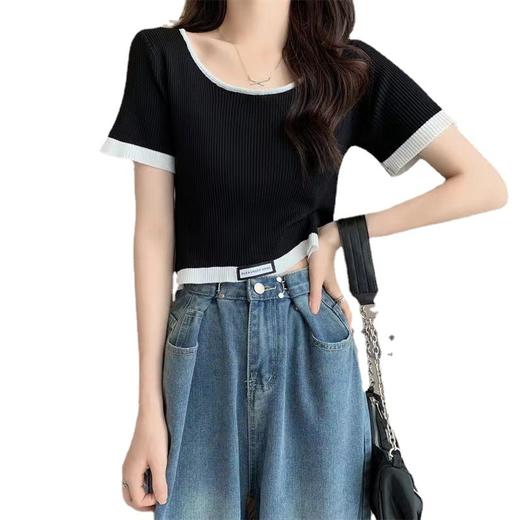 【条纹U领短款针织衫】夏季薄款 百搭修身显瘦短袖套头上衣女小衫潮  商品图4