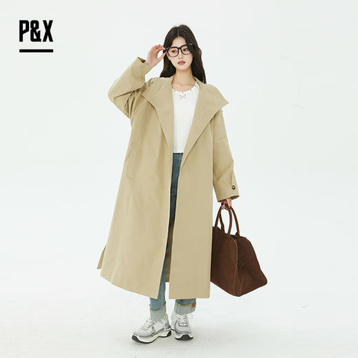 P&X设计师女装通勤简约休闲长翻风衣宽松外套 825119084 卡其 商品图1