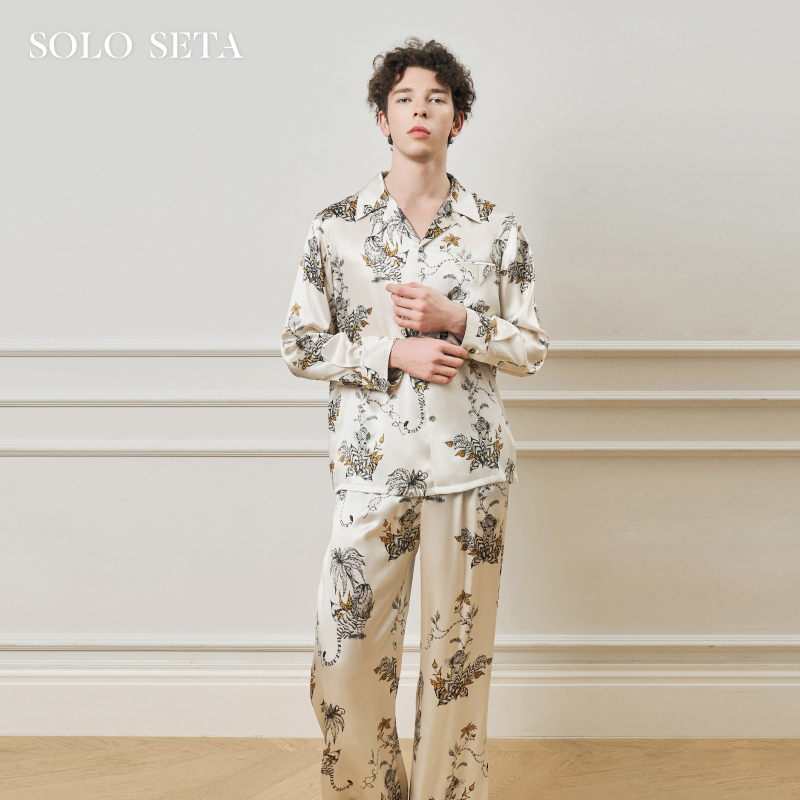 Solo seta22姆米重磅真丝男士印花衬衫长裤桑蚕丝家居服2025年秋