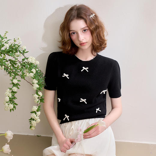 【限时秒杀】【立体蝴蝶结】软糯短袖针织衫女短款薄款圆领毛衣V0650269 商品图3