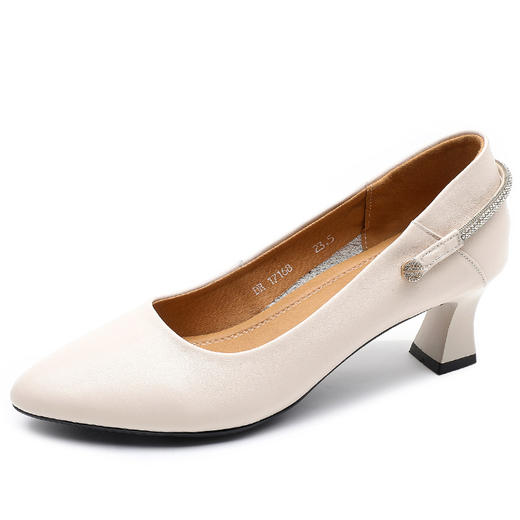 丁摩 真皮中跟鞋女新款春秋季百搭牛皮尖头细跟单鞋女鞋5ZF-17168 商品图5