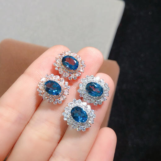 【璀璨流光】镶嵌天然伦敦蓝托帕石耳钉豪华贵气耳环女士礼物6*8mm皇家珠宝饰品 商品图4