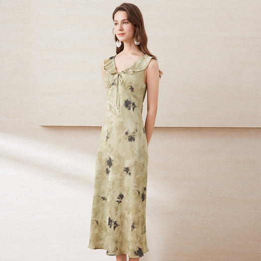 【温柔气质中式印花连衣裙】EITIE爱特爱V领修身荷叶边2025夏新款B2507612 商品图1