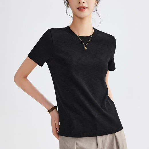 丁摩 圆领纯色百搭重磅竹节雪花棉t恤女新款基础款正肩弹力上衣女5ZF-M677 商品图7